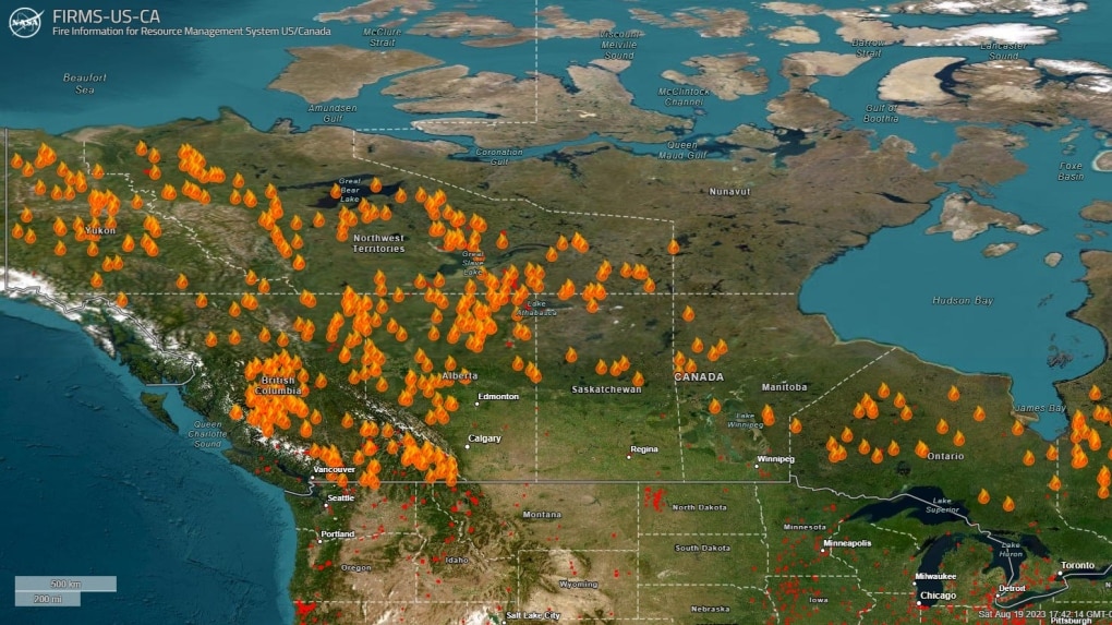 Mapping data from NASA shows the extent of wildfires raging across Canada 