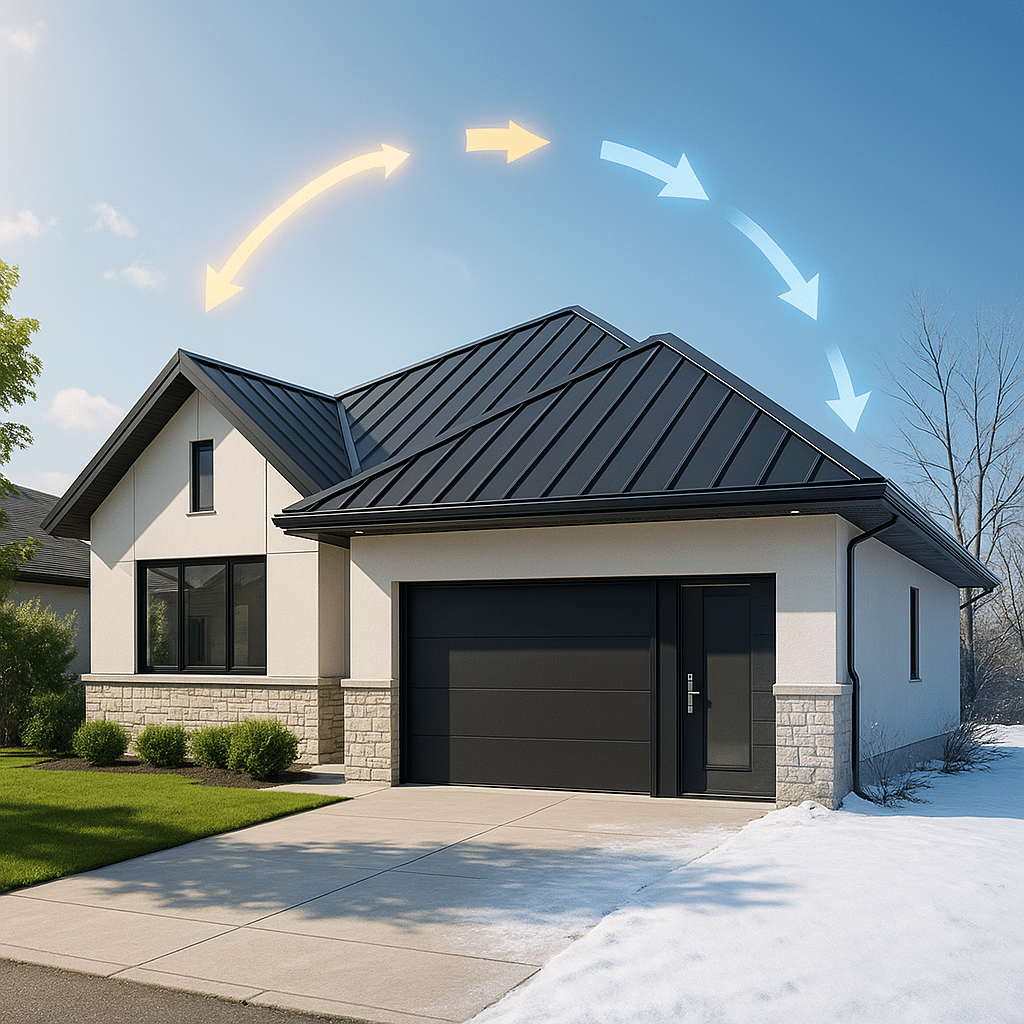 Canadian home with black metal roof showing energy savings year-round.