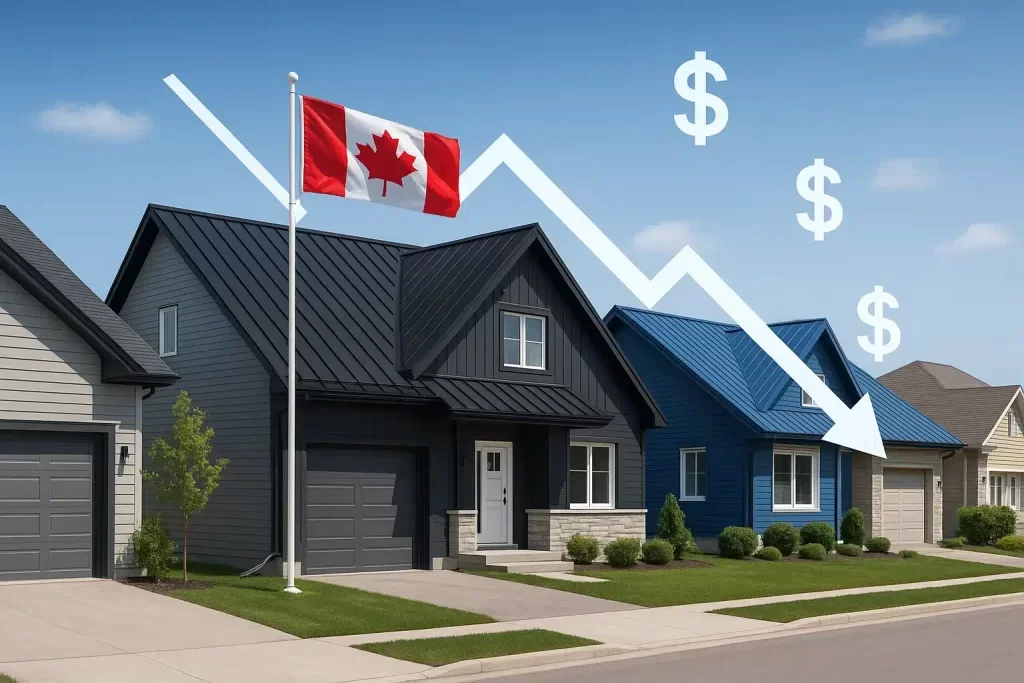 Canadian homes with modern metal roofs and 2026 market cost trend arrows metal roof cost 2026
