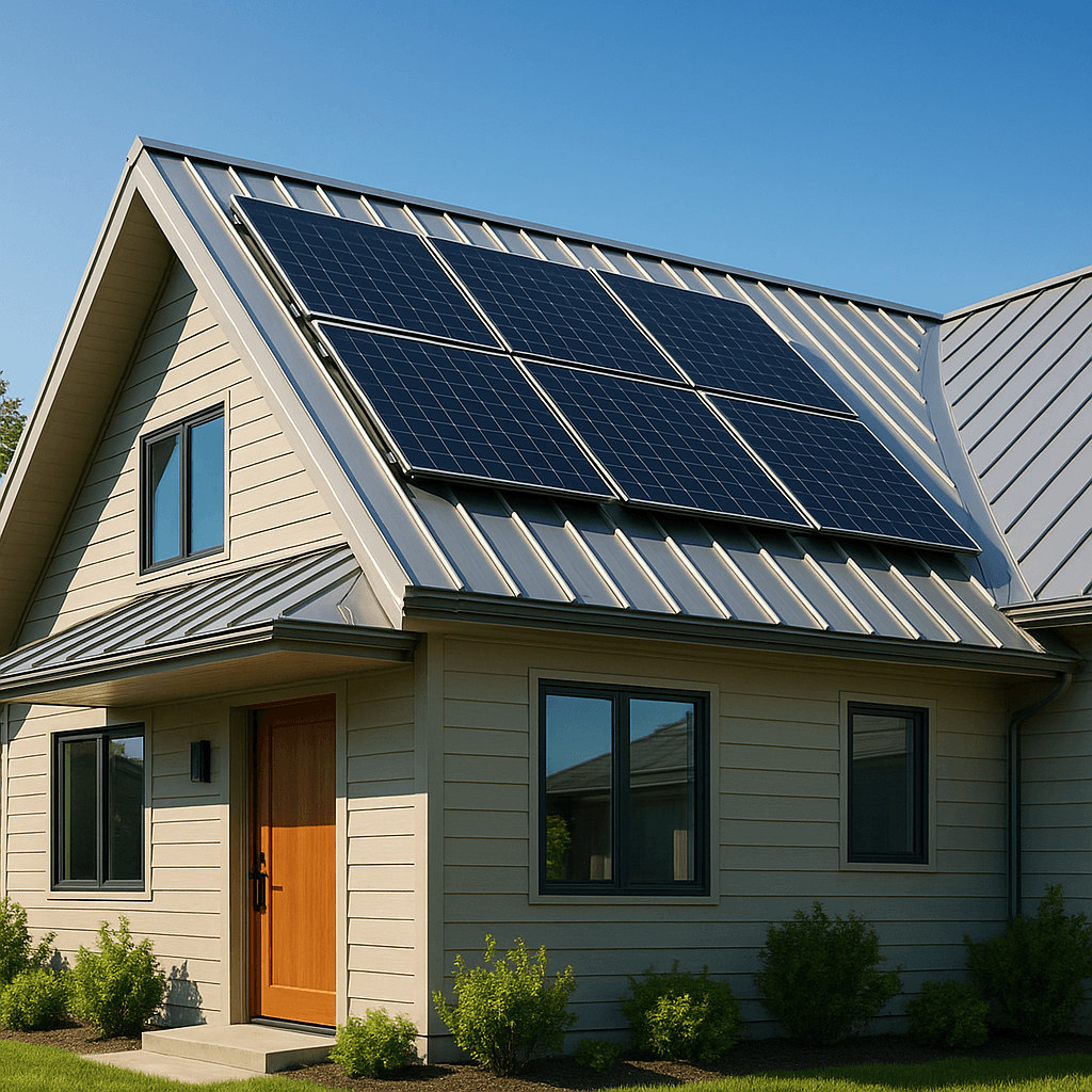Modern suburban house with a standing seam metal roof and solar panels installed, eco-friendly energy-efficient home in Canada under clear blue sky.