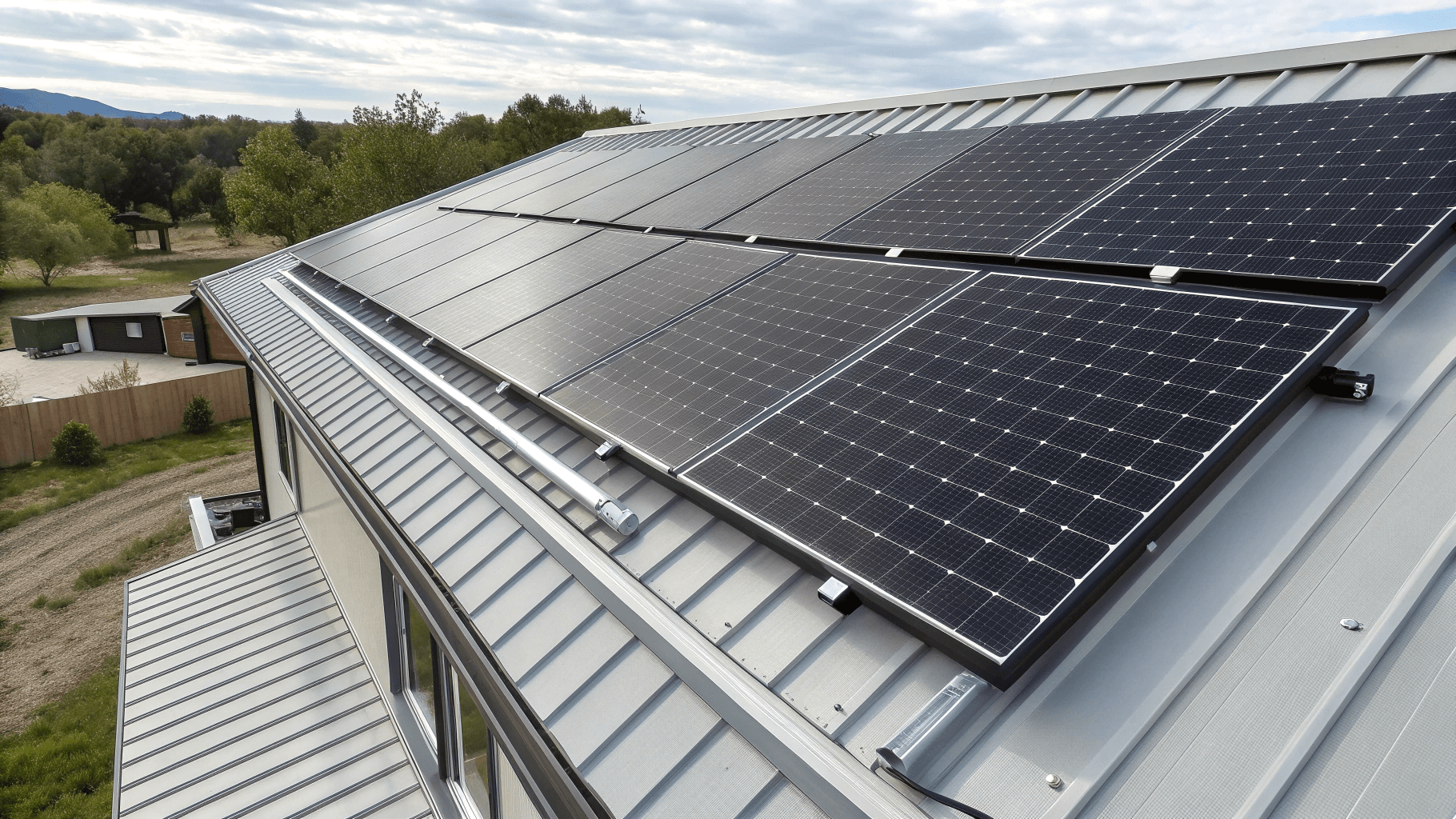 Modern suburban house with a standing seam metal roof and solar panels installed, eco-friendly energy-efficient home in Canada under clear blue sky.