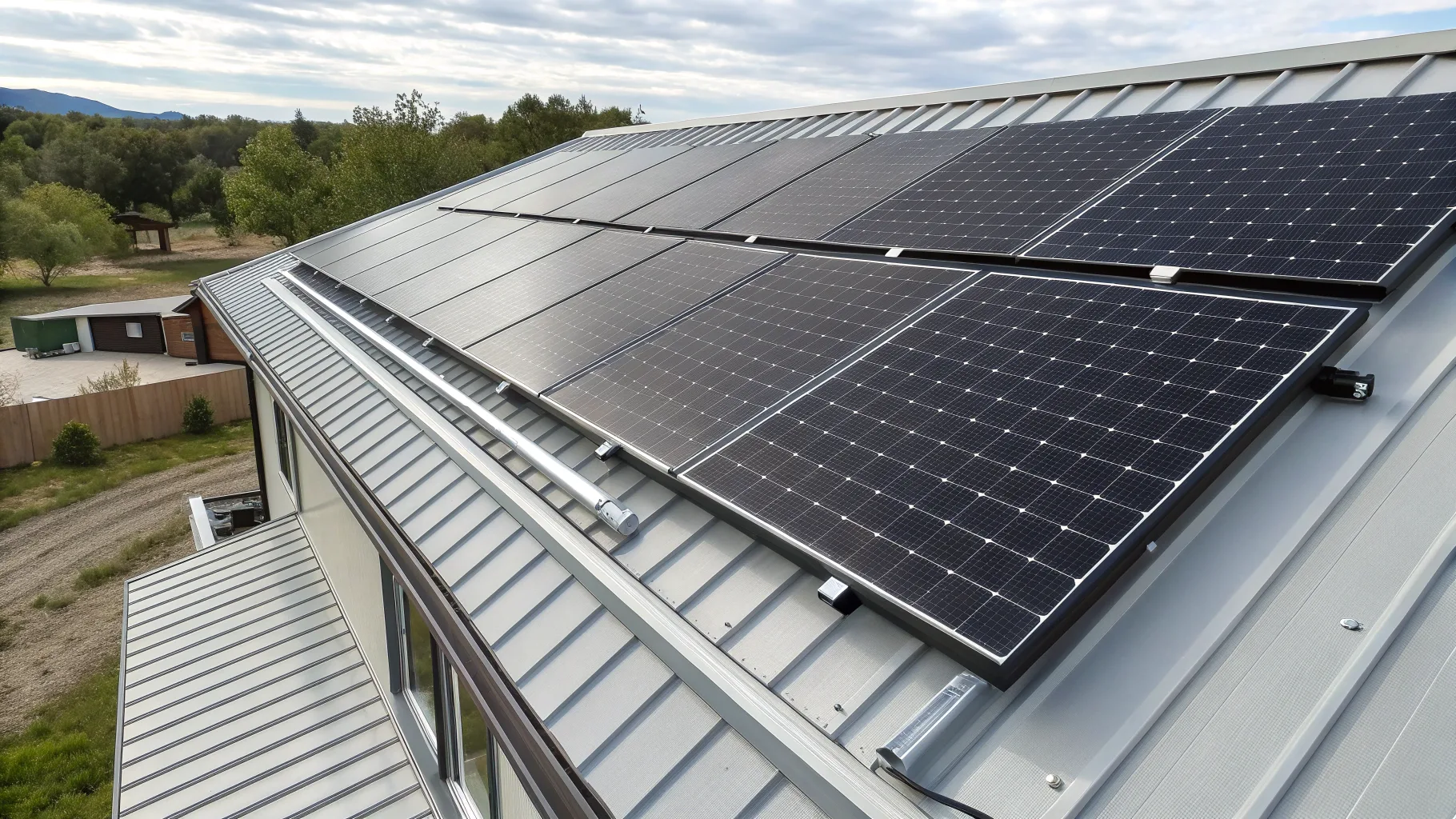 -close-up-of-black-solar-panels-mounted-on-a-silve Modern suburban house with a standing seam metal roof and solar panels installed, eco-friendly energy-efficient home in Canada under clear blue sky.